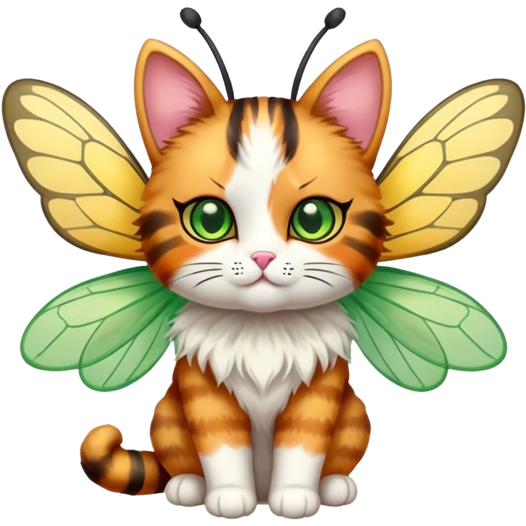 Calico Cat fluffy doll face full body with bee wings antennae green eyes emoji