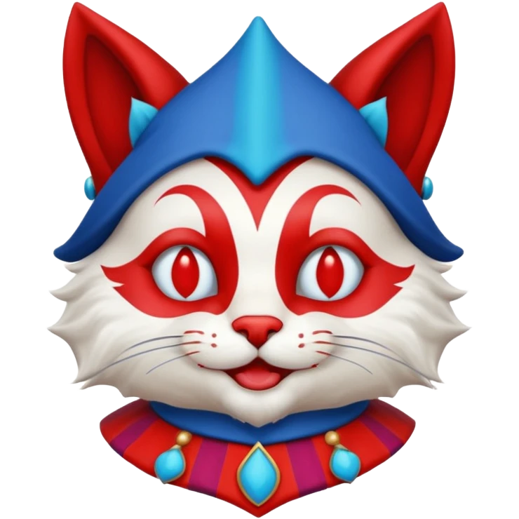 crazy colorful cute little cat jolly joker from poker, medieval, vintage, court jester, mac os icon, blue and red color, half body emoji