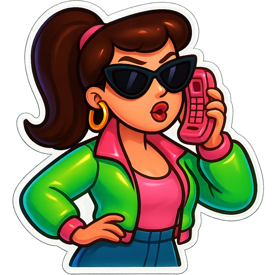 Change the hair color to brunette while keeping the valley girl talking on a pink phone, oversized sunglasses, hoop earrings, neon jacket, and sassy pose. emoji