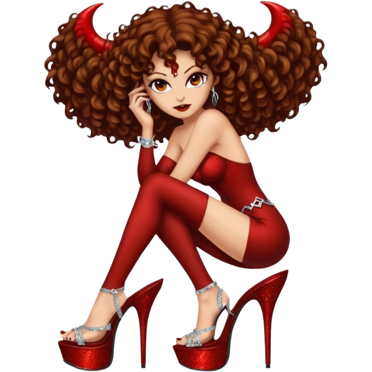 Lilith symbol seductress evil brown curly haired sexy succubus woman with clear glittery platform heels  emoji