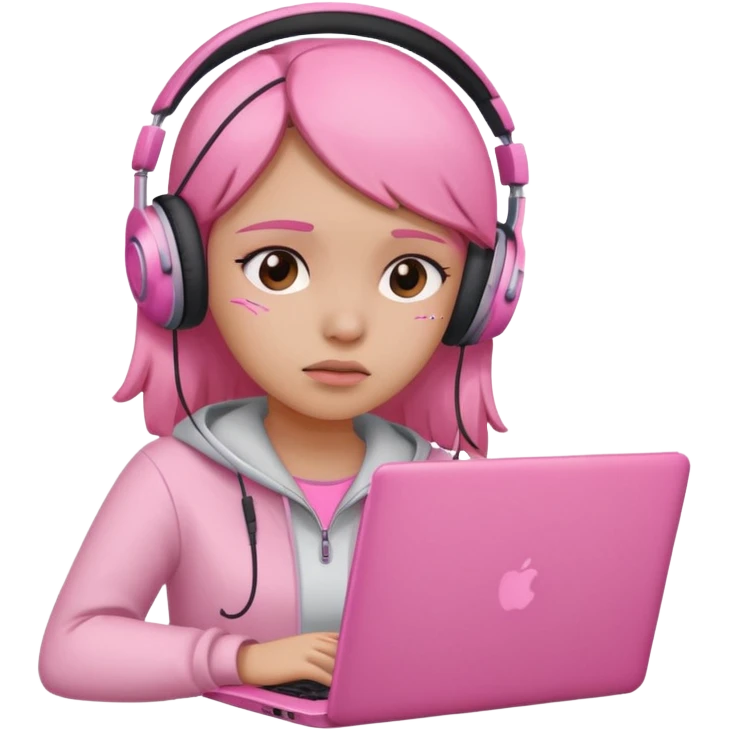 a girl with a pink laptop with headphones, color outline icon style, looking sad emoji