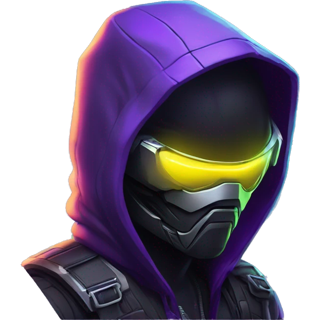 Side view developer behind his laptop with this style : crysis Cyberpunk Valorant neon glowing bright purple character purple violet black hooded assassin themed character emoji