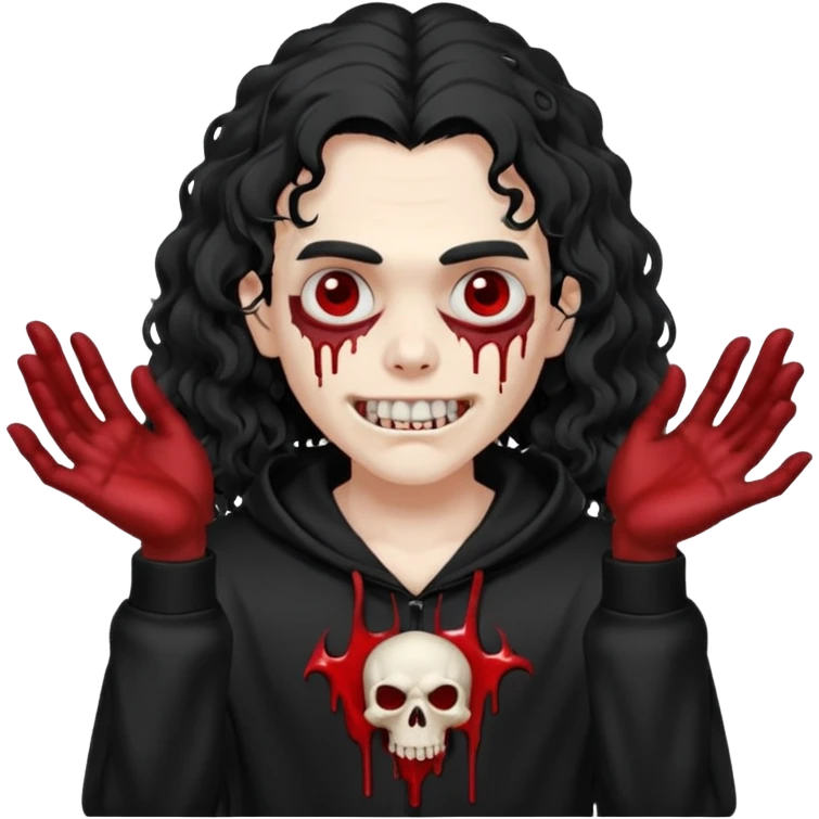 Vampire wearing a black hoodie with a skull logo on it, long curly hair that covers the forehead, fanged teeth and blood on hands emoji