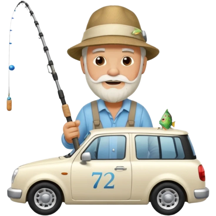 Открытка С Днем рождения дедушке с бородкой. ему 72 года. без текста. тема белый автомобиль и рыбалка. emoji