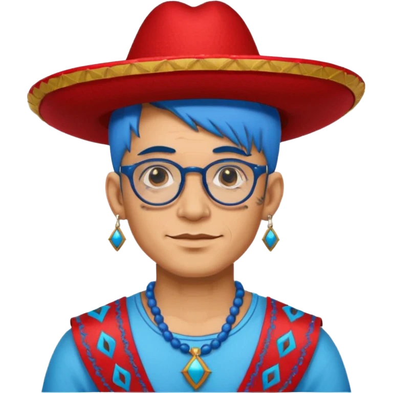 unique looking tourist with big unique red tourist sombrero and earrings, man with lots of tattoes and spectacles, blue hair showing emoji
