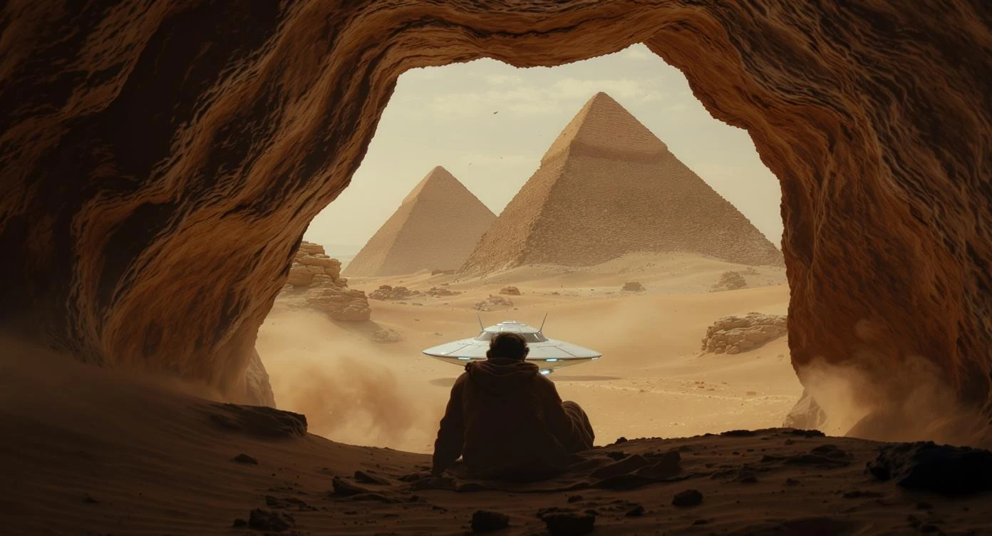 cinematic still, documentary photography, acient egypt, back shot of a man dress in ancient clothes in cave (frame in frame effect) on ground laying front of small ufo starship, sand flying around, dynamic scane, leading lines, captured by arri alexa, depth layers, piramids in babckground emoji