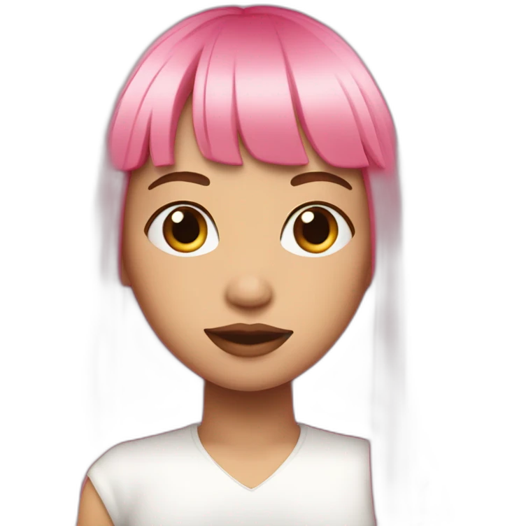 girl with long, straight pink hair and fringe and big lipsholding camera emoji