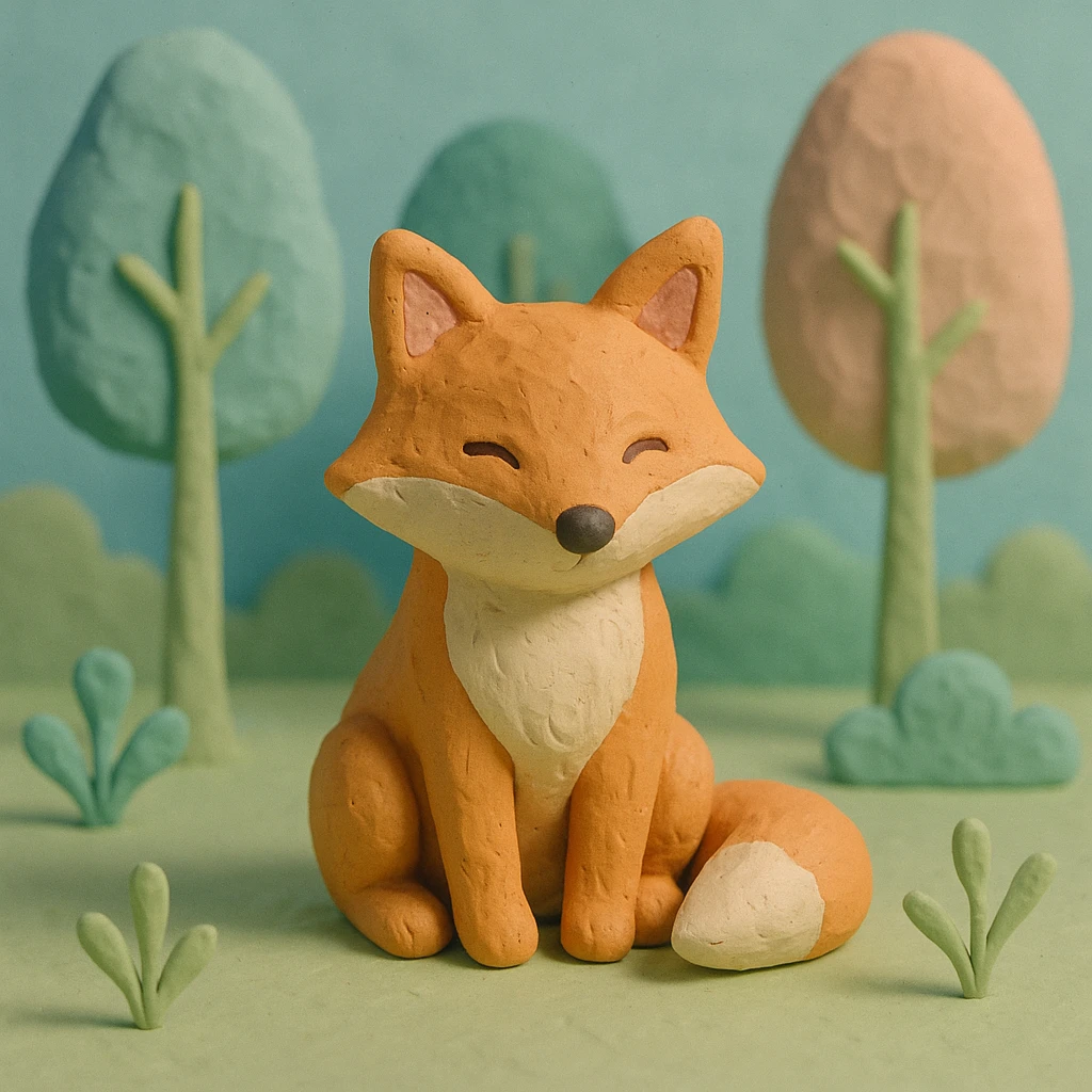 fox sitting in a forest, pastel colors, visible fingerprints, playful and textured, claymation style emoji