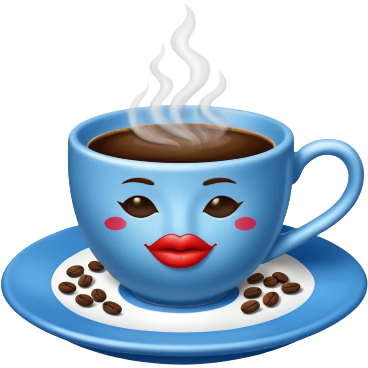 A steaming cup of coffee is visible. The blue cup has a kissing lips print and sits on a blue saucer filled with coffee beans. emoji