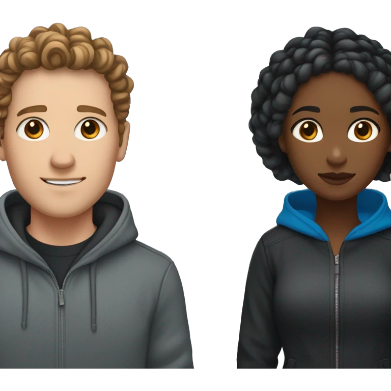 a white male with curly brown hair and a grey hoodie, next to a black woman with braids that fade from blue to black, wearing a black jacke emoji