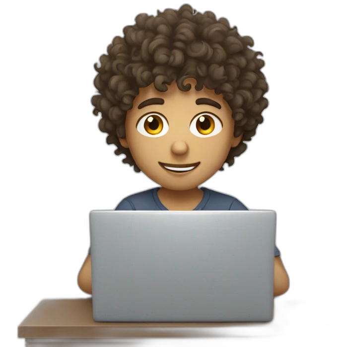 messy curly haired boy working on a laptop emoji