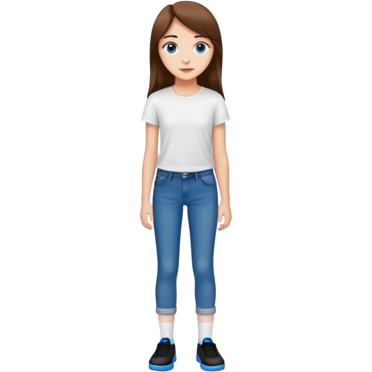 A cute 16 year old white girl that has long straight brown hair wearing a white T shirt as well as long tight blue jeans with BROWN eyes, and wearing black socks and blue shoes emoji