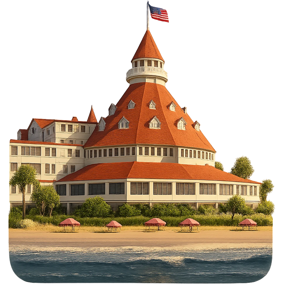 cinematic, realistic emoji of the landmark beachfront Hotel Del Coronado in San Diego, viewed from the ocean, showing the hotel and its beach, with majestic, ornate architecture, lifelike detail, bright regal lighting as on a sunny day, building in accurate shade of white, roof tiles in accurate orange color emoji