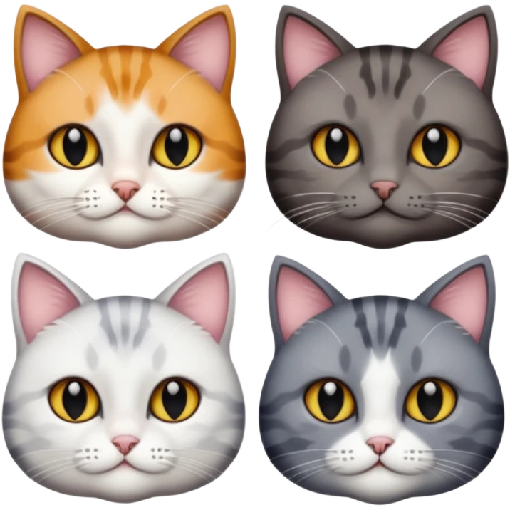 4 different coloured short haired cats including; a dark brown tabby and white cat, and a dark grey and white  emoji