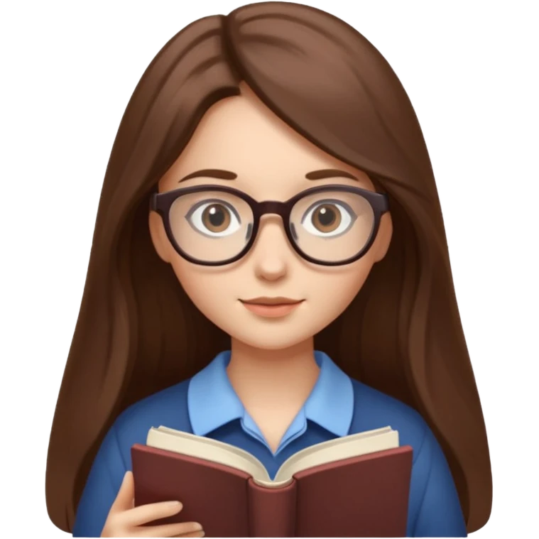 clean beautiful girl long brown hair, wear glasses, reading a book emoji