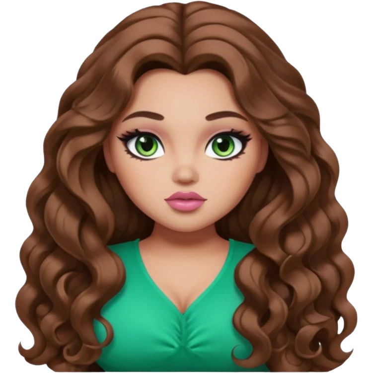 long brown wavy hair, light skin, green eyes, pretty bratz baddie, big plus size , black eyeliner, blush,  emoji