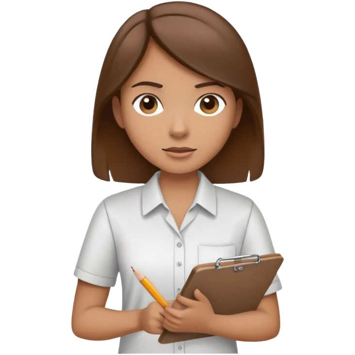 Intern or volunteer with brown hair holding a clipboard and pencil, ready to take notes or assist. The character wears a simple shirt and has an eager posture emoji