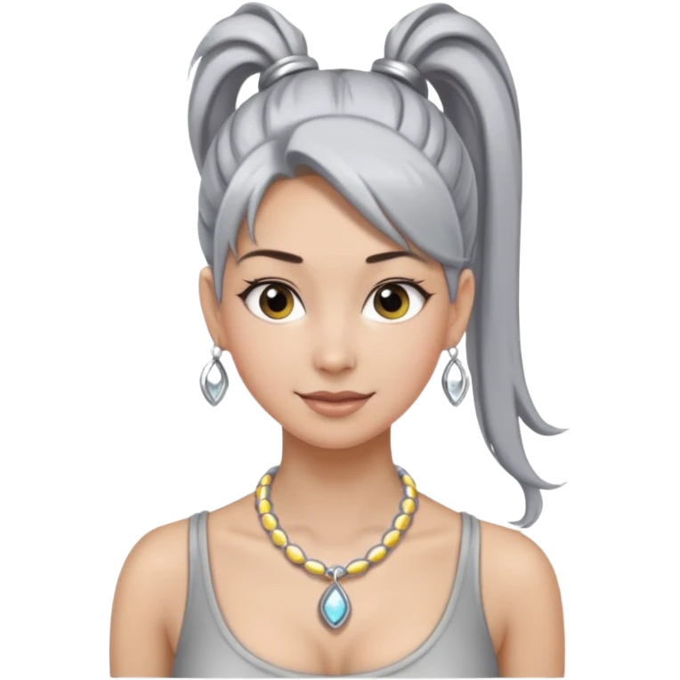 Female with very long + big Silver Necklace, grey skin,ponytail hair, more bright silver,highlight necklace, different expressions. emoji