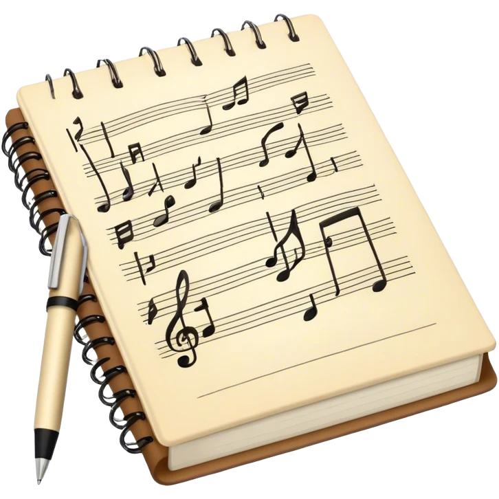 Create an emoji representing songwriting. The design should feature an open notebook or sheet music with visible lyrics and musical notes, symbolizing the process of writing song lyrics. A pen or pencil should be placed near the notebook, indicating active writing. Optionally, include a vintage microphone or a quill to add a creative touch. Use a harmonious color palette with warm and neutral tones. Do not include any emojis or smiley faces. Make the background transparent. emoji