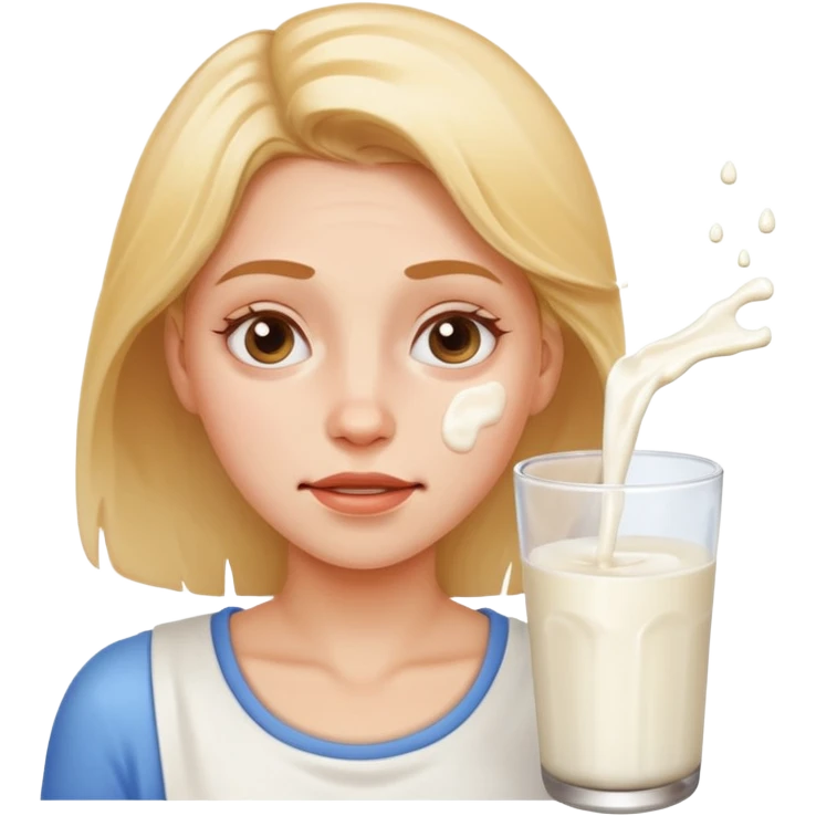 Woman with milk spilled on her face with satisfactory expression emoji