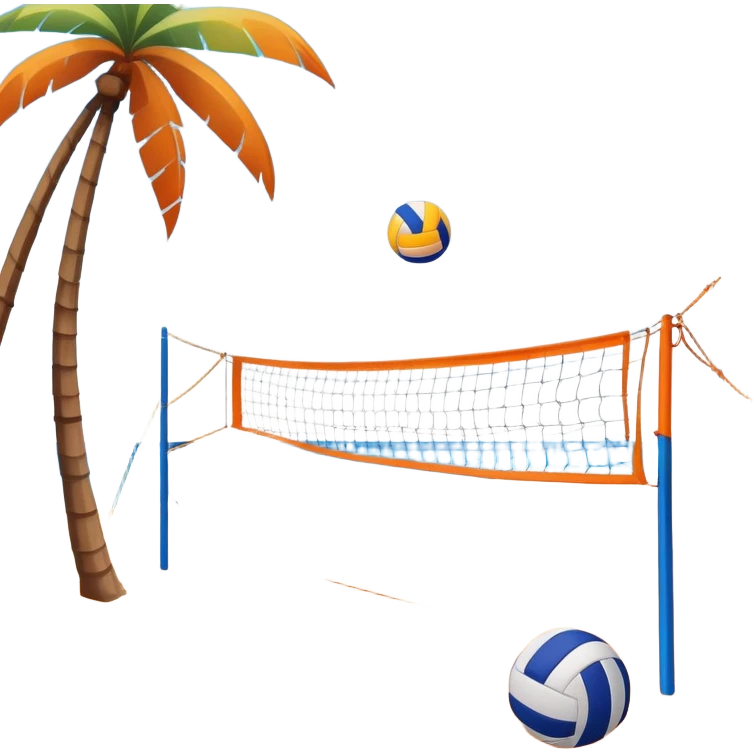 A volleyball resting on the orange sand ground of a beach, with a volleyball net in the background. The scene captures a sunny beach atmosphere with clear blue sea and sky, palm trees swaying, and people in swimsuits enjoying the vibrant surroundings emoji