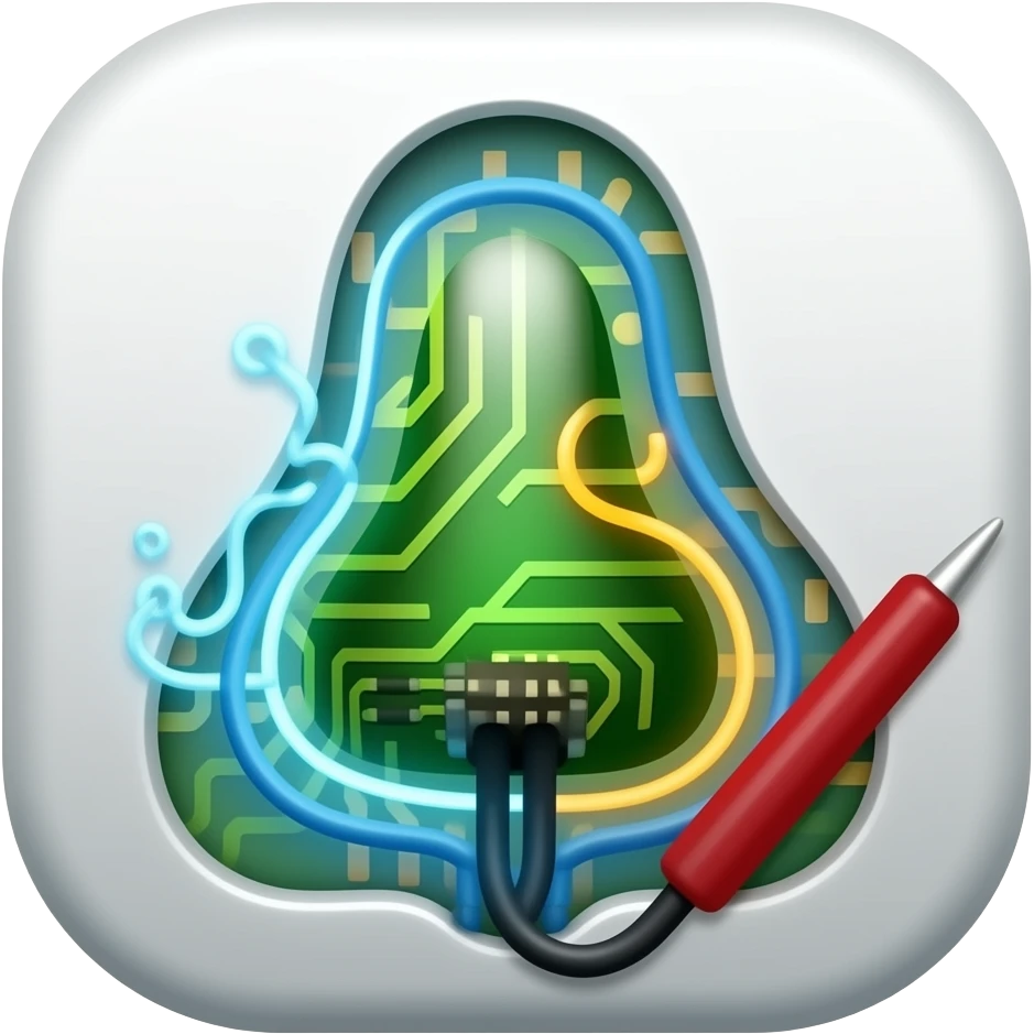 An icon featuring circuit boards, glowing wires, and a multimeter, nose form emoji