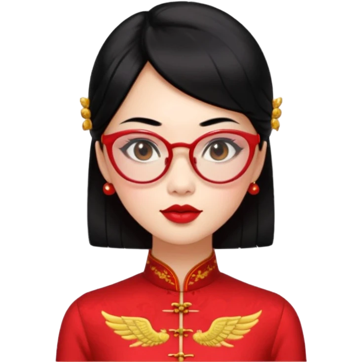 an oriental lady in a red cheongsam, red lipstick, winged eyeliner, fair light pinkish skin, small nose, thick sensual lips, average build, transparent glasses, mid-length black hair emoji