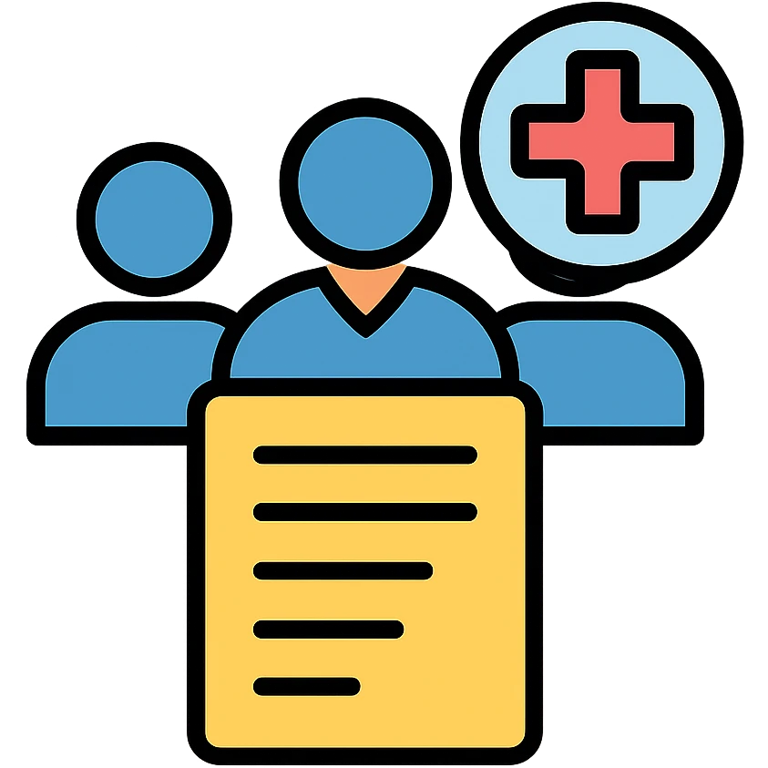 Medical committee with documents and emergency medical cross symbol emoji