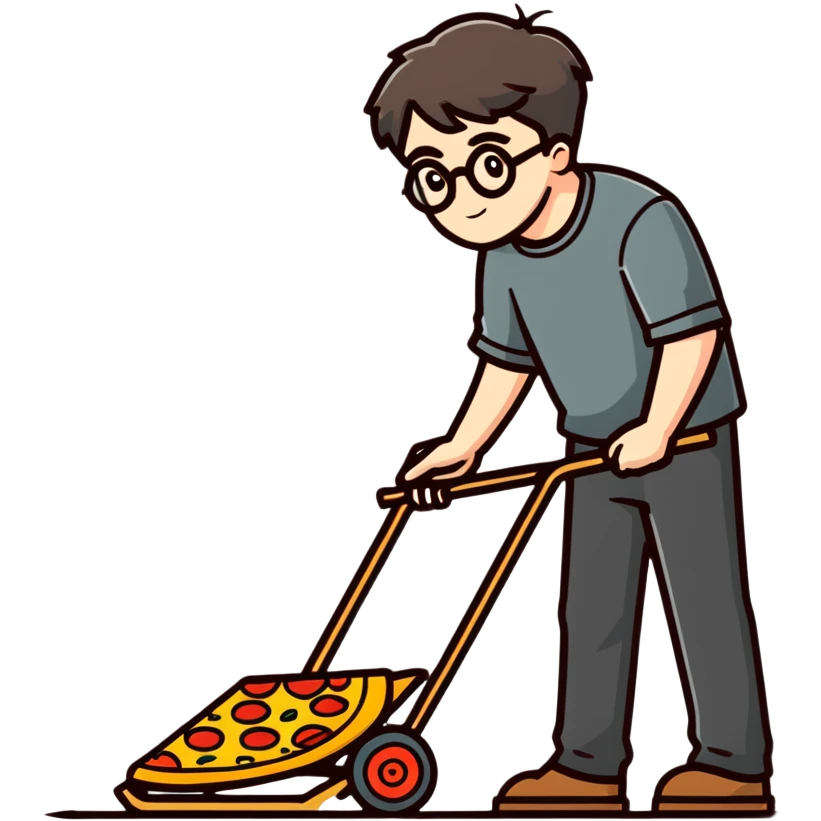 Harry Potter mowing the lawn with a pizza slice emoji
