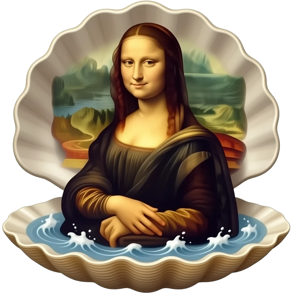 cinematic realistic - the ethereal Venus from Sandro Botticelli's painting, born from sea foam and standing in a shell, but with the face of Da Vinci's Mona Lisa emoji