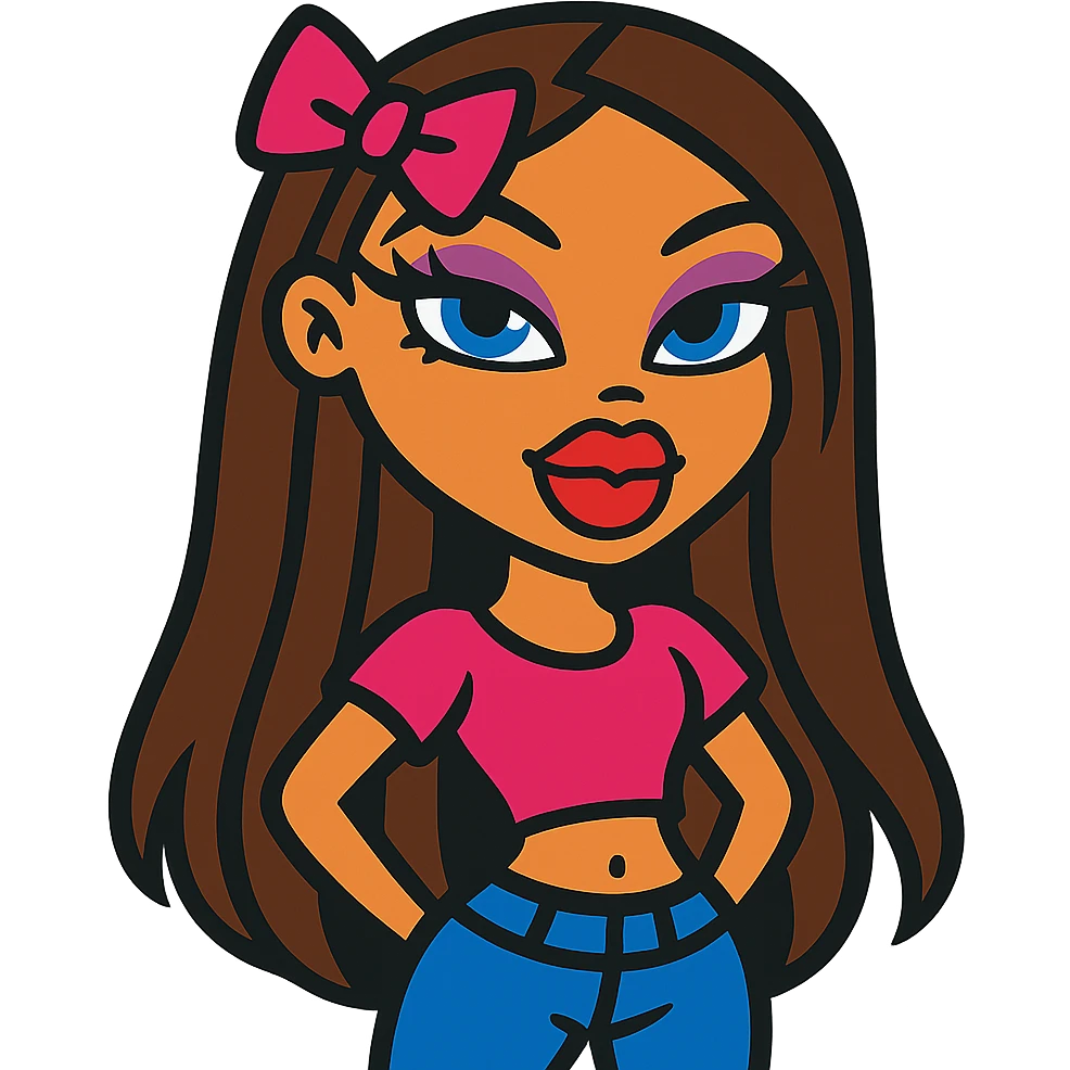 Bratz doll character with brown hair and a pink bow on her hair emoji