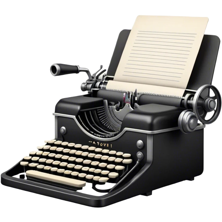 Create an emoji representing screenwriting. The design should feature an open script with visible dialogue and action lines, symbolizing the writing of a screenplay. Include a classic typewriter or a modern writing device, such as a laptop, to signify the process of creating a script. Add a cinema camera next to the script to emphasize the cinematic aspect of screenwriting. Use a professional color palette with black, white, and subtle metallic tones. Do not include any emojis or smiley faces. Make the background transparent. emoji