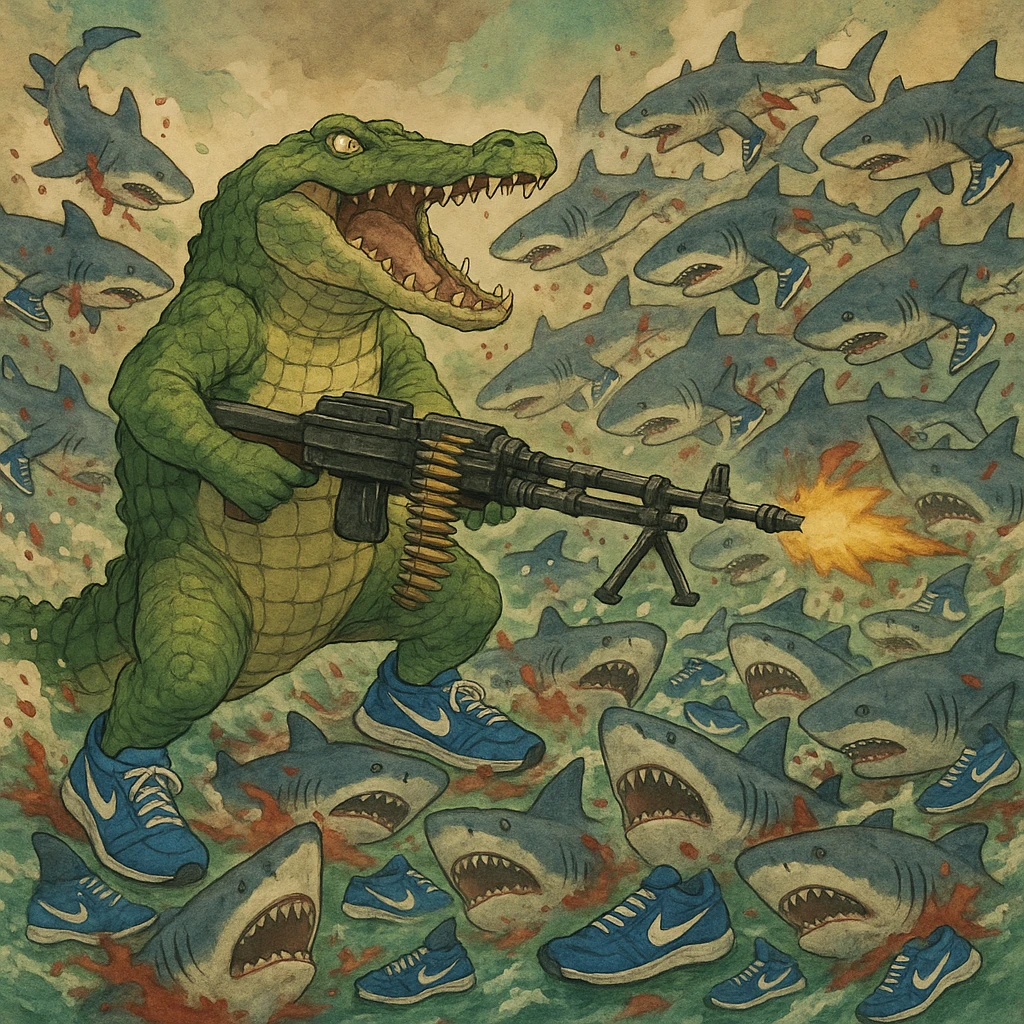 1 crocodile take m60 vs 20,000 shark They wear shoes Nike blue and crocodile killing all sharks  shoes Nike blue and crocodile wins emoji