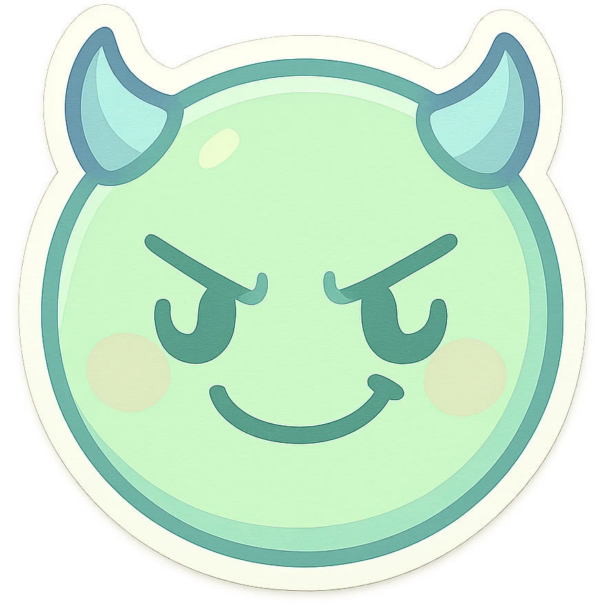 devil emoji in chibi style with pastel palette of mint green and baby blue, tiny horns, cute but mischievous expression emoji
