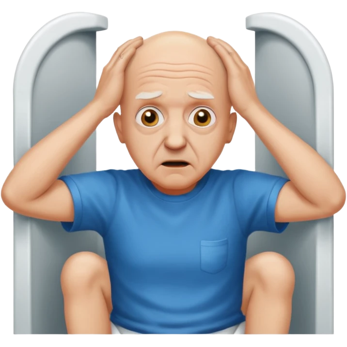 A bald person who’s very old is staring, he’s inside a toilet and his head is upright and looking at the camera with very wide eyes and his hands are putting pressure on his head, very scared expression and he’s twerking emoji