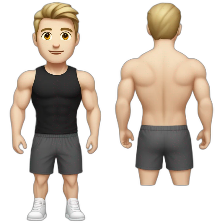 Pale skinned Fit Man With the biceps and dark brown hair in black shirt, gray sports shorts and white Sneakers emoji