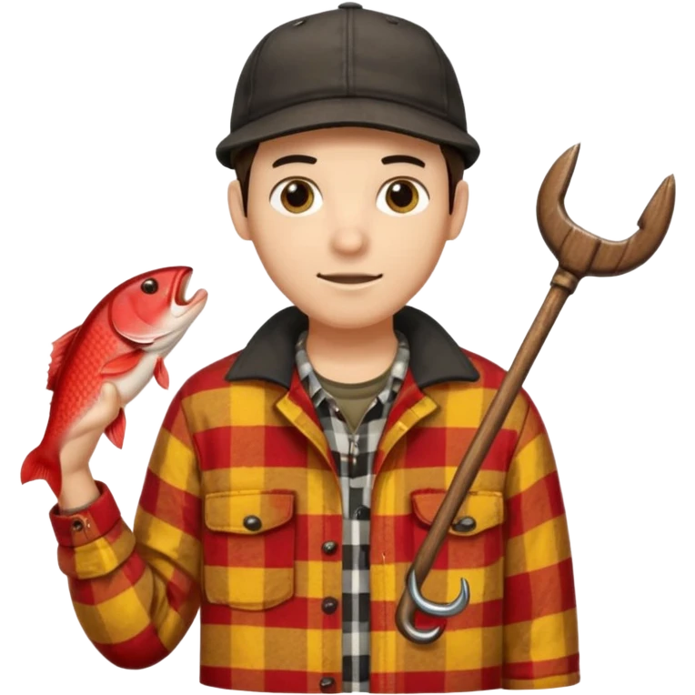 vit Ung man med svart keps röd gul rutig flanellskjorta hållandes en brun båtshake med hängande jättestor torsk emoji