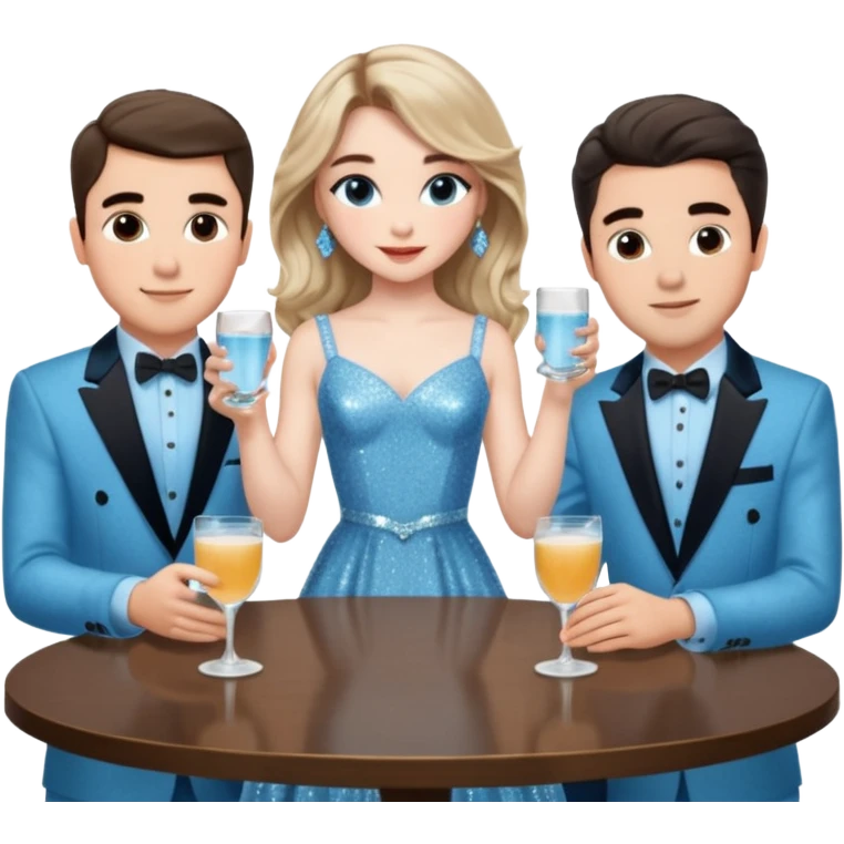 Sabrina’s carpenter in a light blue sparkly dress at a table with 3 handsome men facing each other and she is standing up putting her hand out. There are drinks on the table  emoji