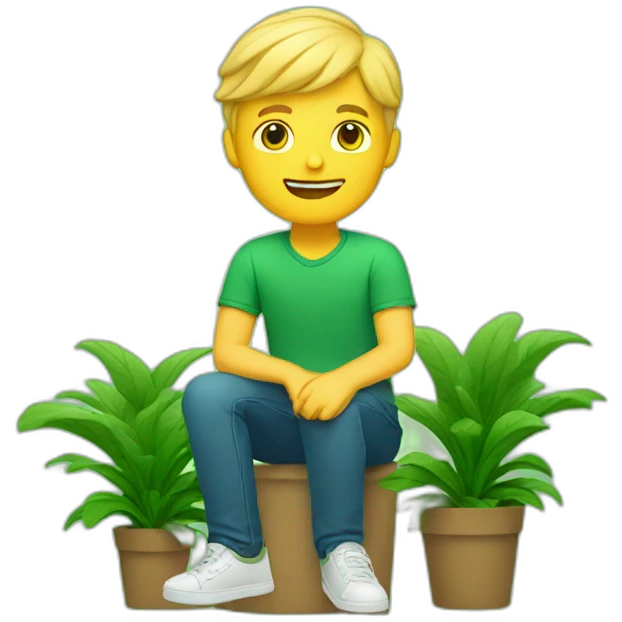 blond-guy-sitting with a plant with green background emoji