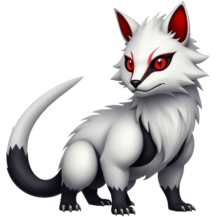 a white exotic edgy vernid-fionbr-Fakémon-creature, with black belly and red eyes, full body emoji
