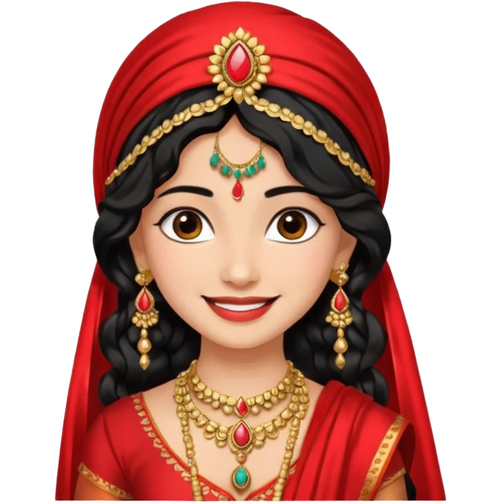 a pretty bratz fair indian girl wearing a red indian wedding outfit with dupatta on head,  golden jewellery, black wavy hair emoji