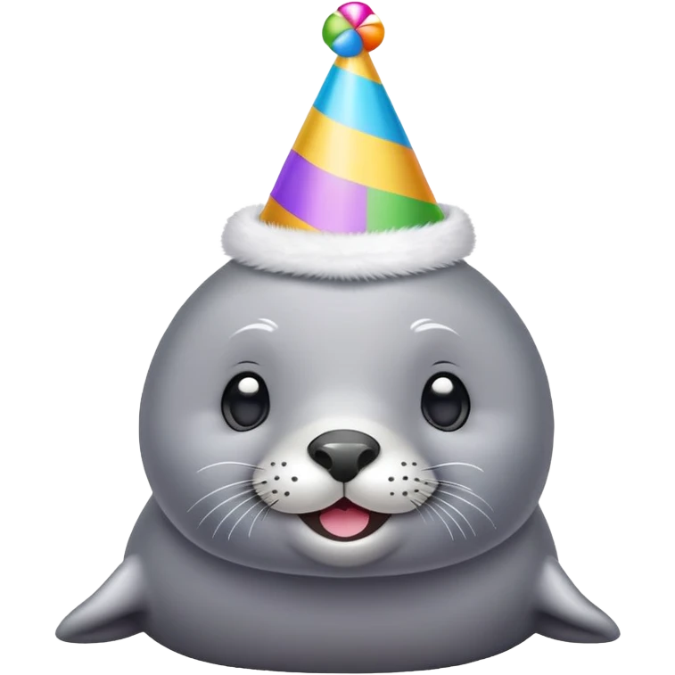 A cute gray seal with colorful birthday party hat, simple mobile emoji style emoji