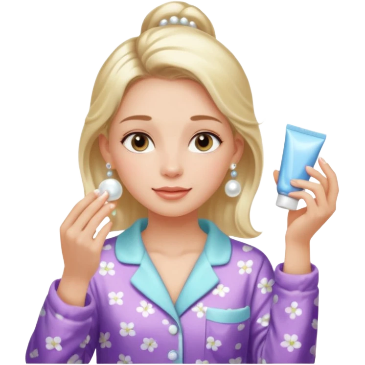 Clean girl aesthetic emoticons, apply skincare products, pearl earrings, glowing skin, pajamas, soft lighting emoji