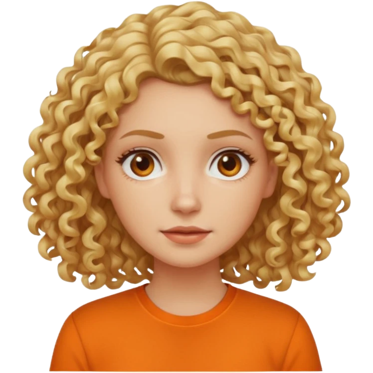 curly blond hair woman in orange shirt no smile emoji