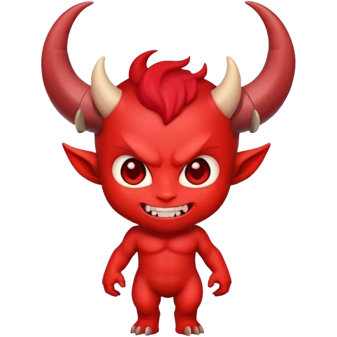 chibi demon with big head, tiny body, cute horns and mischievous smile emoji