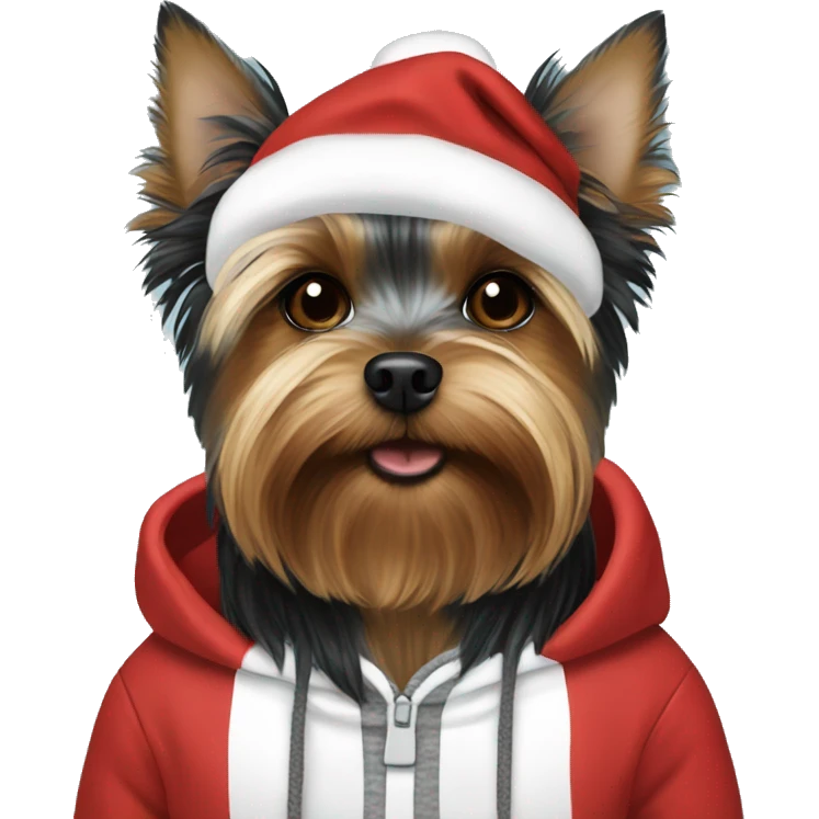 black brown white Yorkshire Terrier in christmas hoodie  emoji