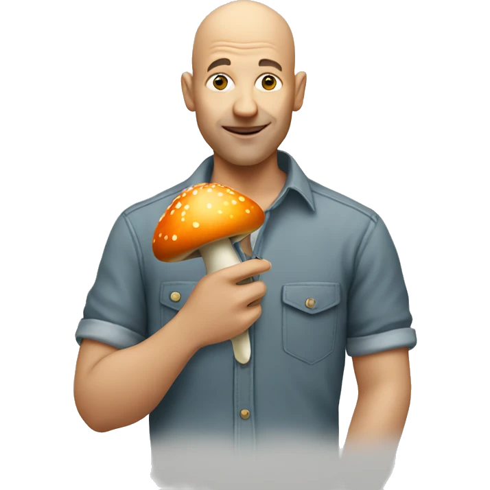 bald man in casual shirt eating mushroom emoji