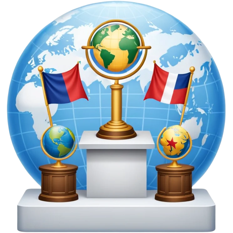 An icon featuring a podium with a speaker, national flags, and voting ballots, symbolizing political science. The design includes a globe and scales of justice in the background, representing governance, global affairs, and political theory. Transparent background emphasizes civic engagement emoji