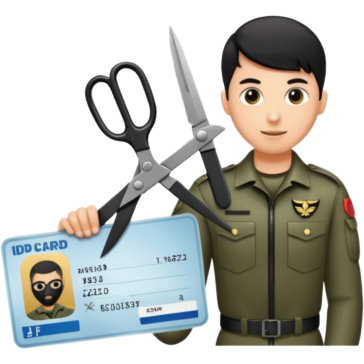 Floating black Scissors cutting an idf soldier ID card in 2 parts .hyper realistic emoji