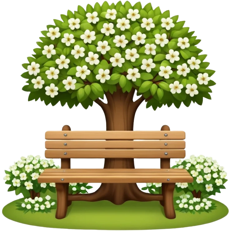 beautiful bench against the background of a tree with blooming white flowers emoji